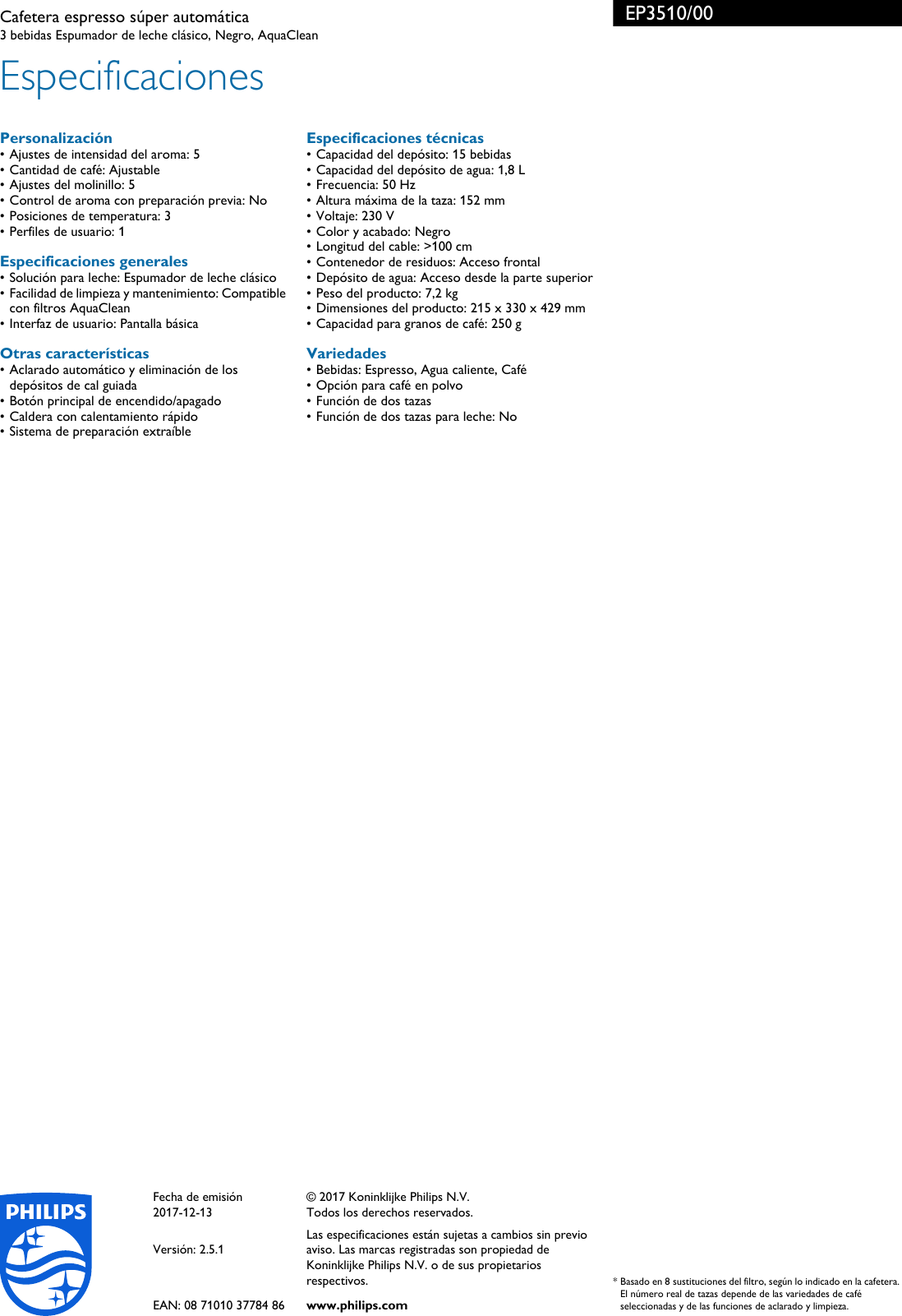 Philips Leaflet EP3510_00 Released Spain (Spanish) Folleto Ep3510 00 Pss  Espes