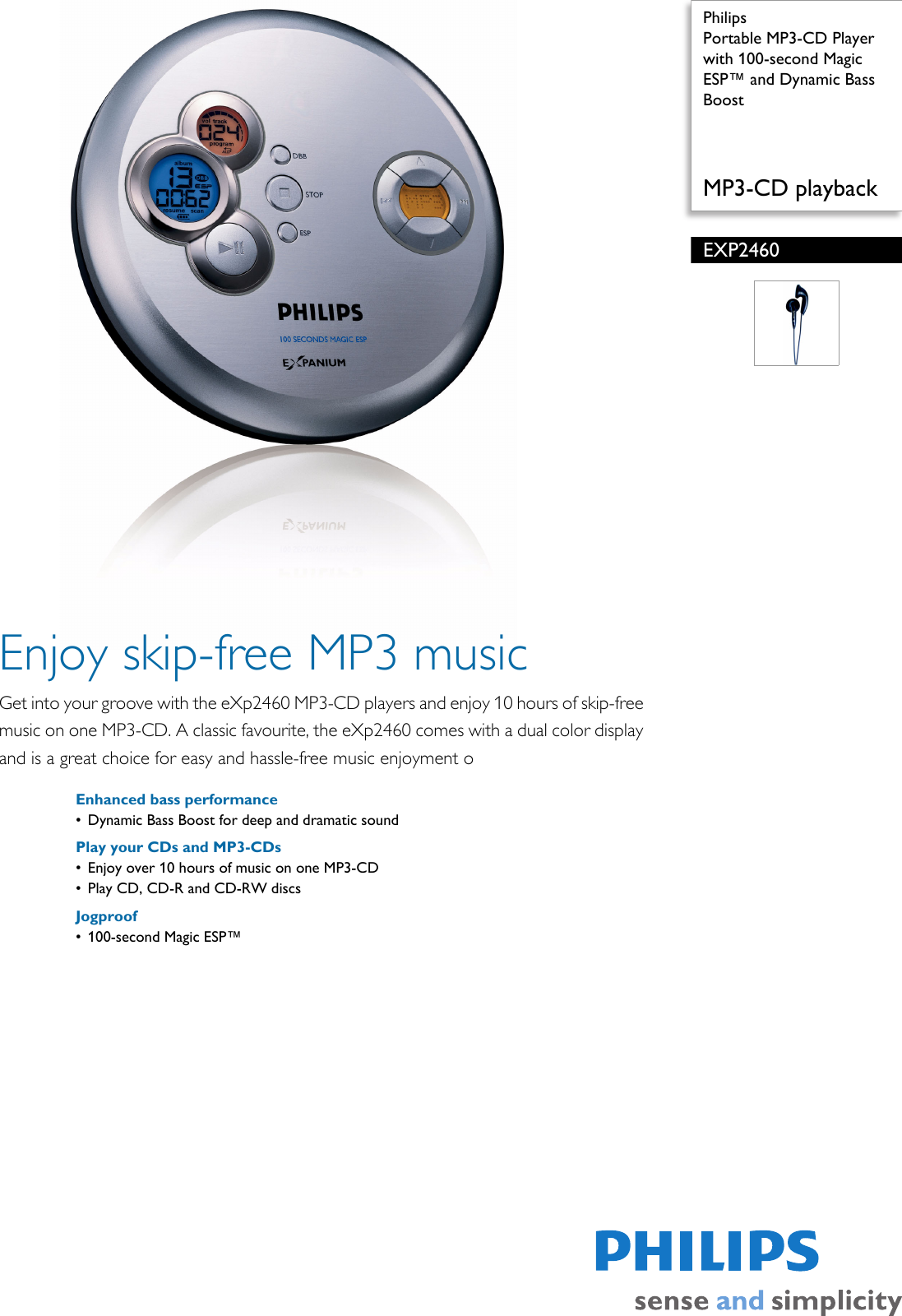 Page 1 of 2 - Philips EXP2460/02 Portable MP3-CD Player With 100-second Magic ESP™ And Dynamic Bass Boost 100 ... Exp2460 02 Pss Aenbe