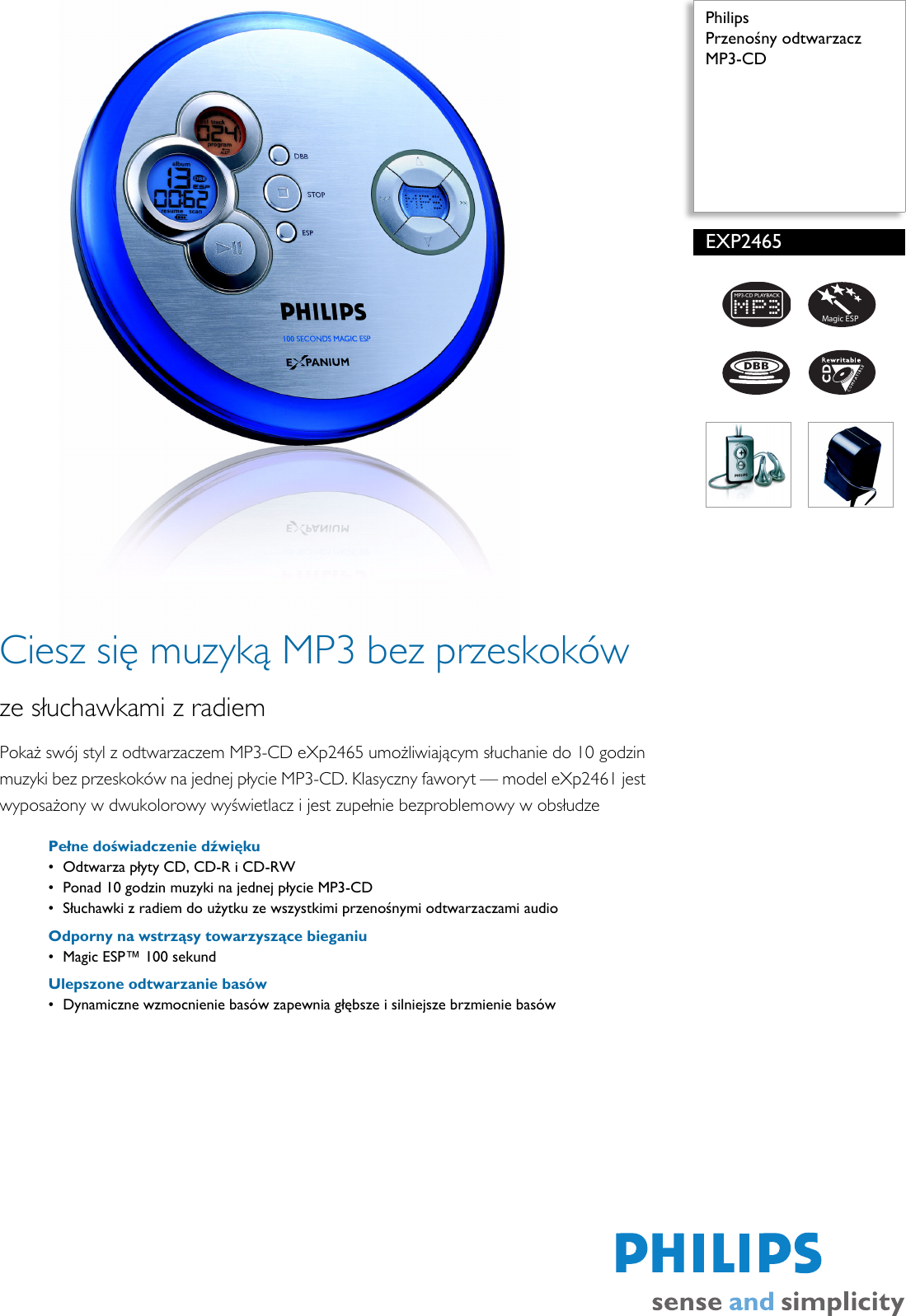 Page 1 of 2 - Philips EXP2465/00 Przenośny Odtwarzacz MP3-CD Karta Produktowa Exp2465 00 Pss Polpl