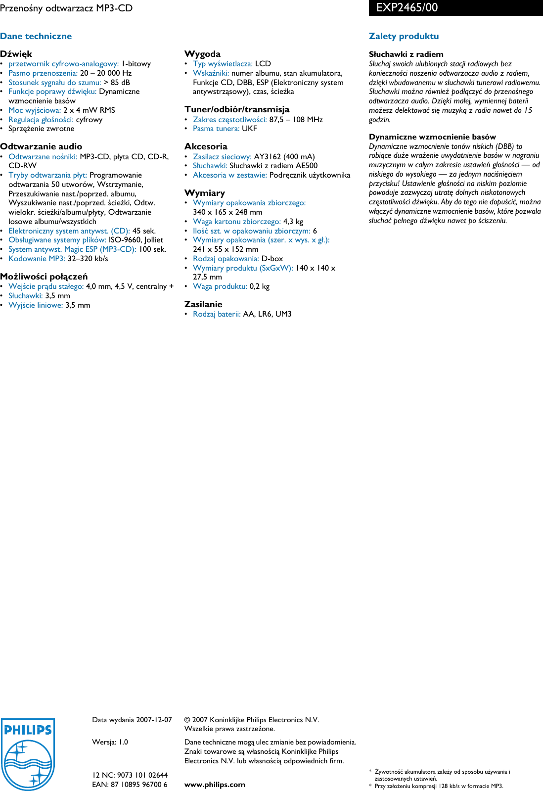 Page 2 of 2 - Philips EXP2465/00 Przenośny Odtwarzacz MP3-CD Karta Produktowa Exp2465 00 Pss Polpl