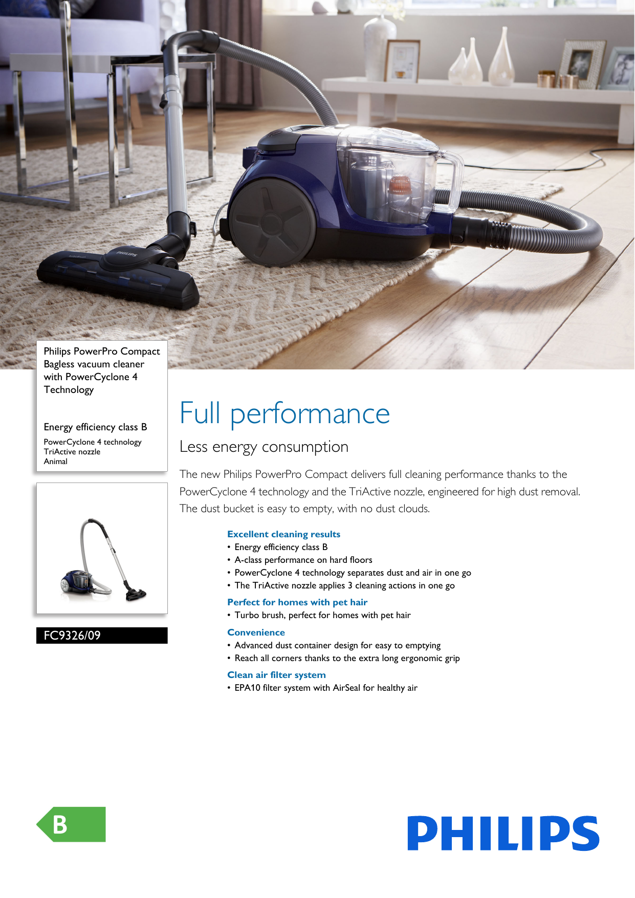 Page 1 of 3 - Philips FC9326/09 Bagless Vacuum Cleaner With PowerCyclone 4 Technology Scheda Tecnica Fc9326 09 Pss