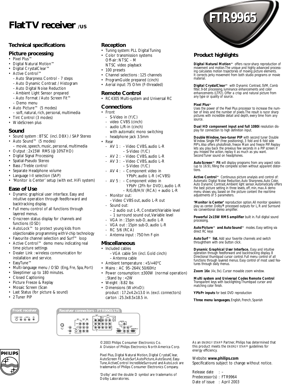 Page 2 of 2 - Philips  Flat TV Receiver Ftr9965 17sb Pss Aenbe