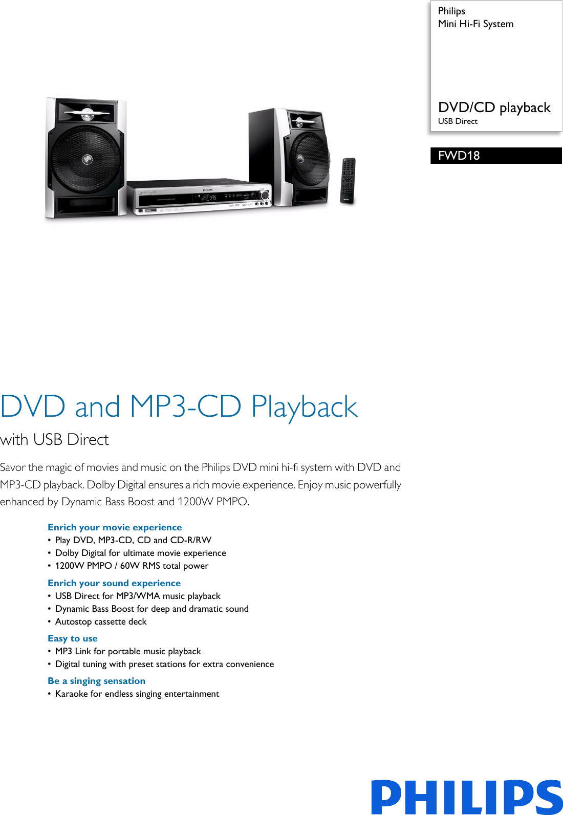 Page 1 of 3 - Philips FWD18/98 Mini Hi-Fi System Leaflet Fwd18 98 Pss