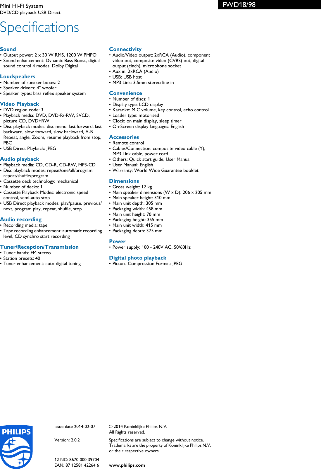 Page 3 of 3 - Philips FWD18/98 Mini Hi-Fi System Leaflet Fwd18 98 Pss
