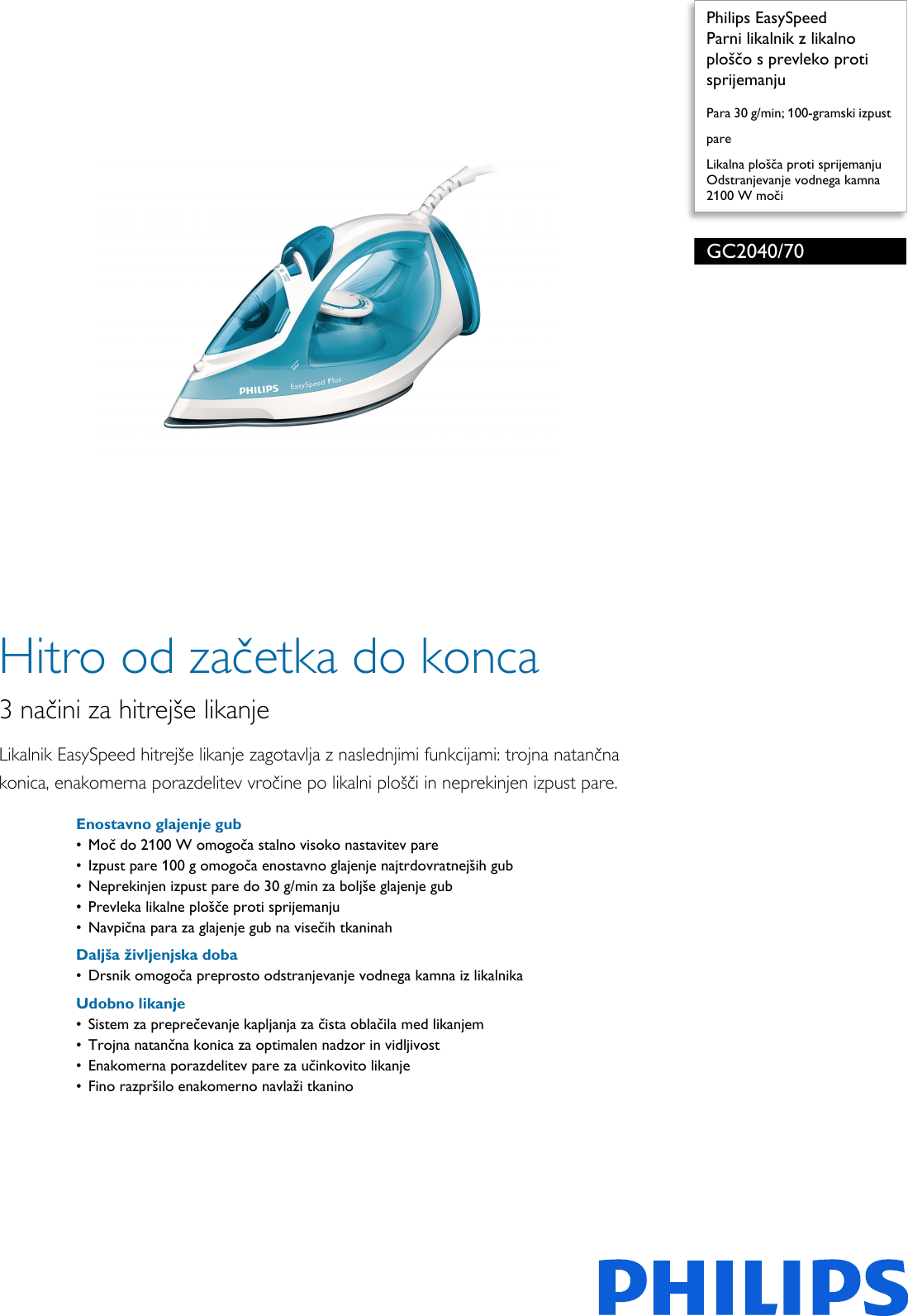 Philips Gc40 70 Parni Likalnik Z Likalno Plosco S Prevleko Proti Sprijemanju Ploa A O Gc40 70 Pss Slvsi