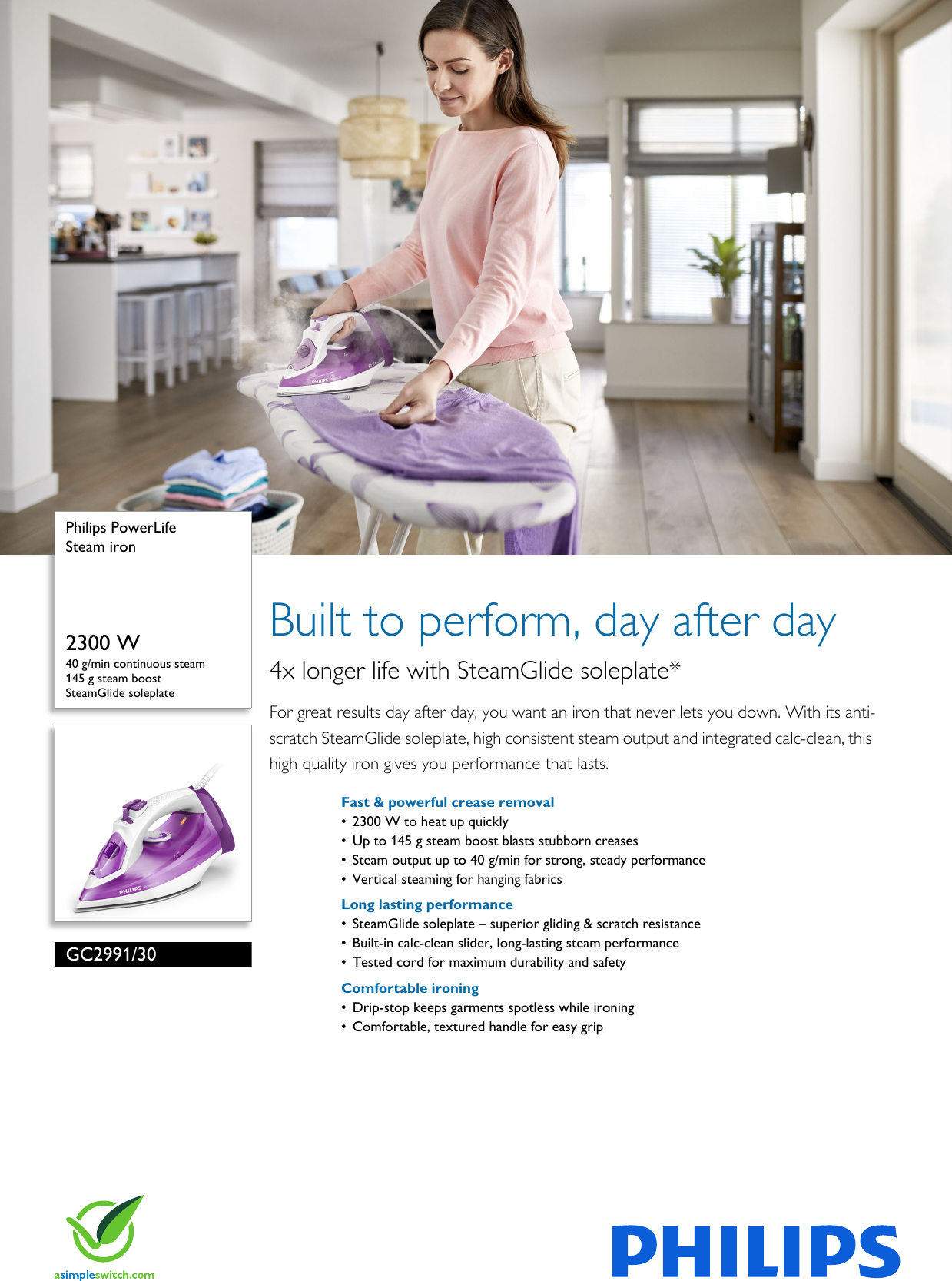 Page 1 of 3 - Philips GC2991/30 Steam Iron Leaflet Gc2991 30 Pss