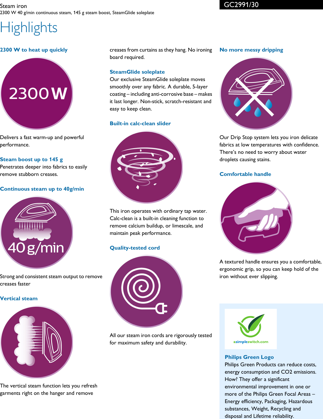 Page 2 of 3 - Philips GC2991/30 Steam Iron Leaflet Gc2991 30 Pss