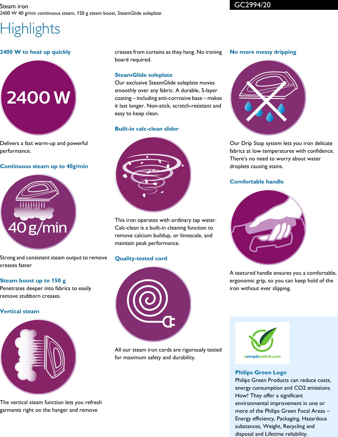 Page 2 of 3 - Philips GC2994/20 Steam Iron Leaflet Gc2994 20 Pss
