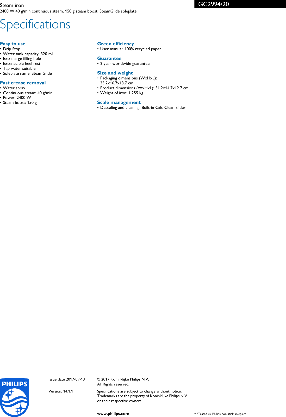 Page 3 of 3 - Philips GC2994/20 Steam Iron Leaflet Gc2994 20 Pss