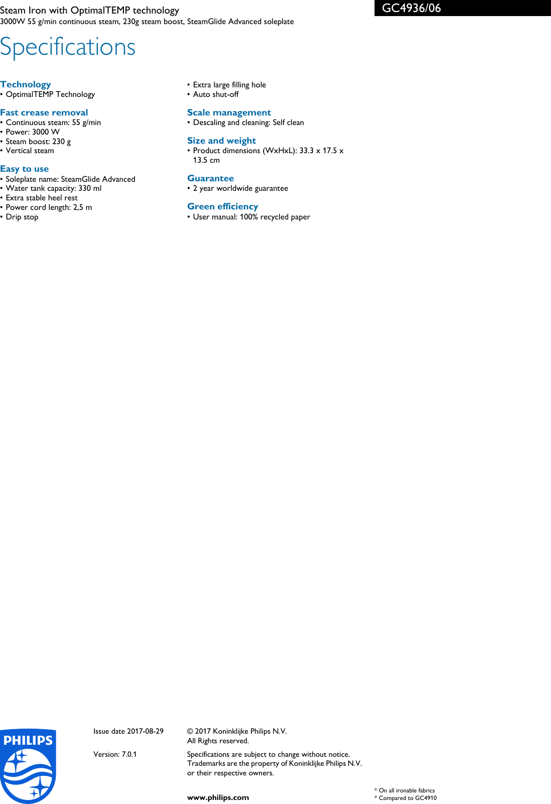 Page 3 of 3 - Philips GC4936/06 Steam Iron With OptimalTEMP Technology Leaflet Gc4936 06 Pss