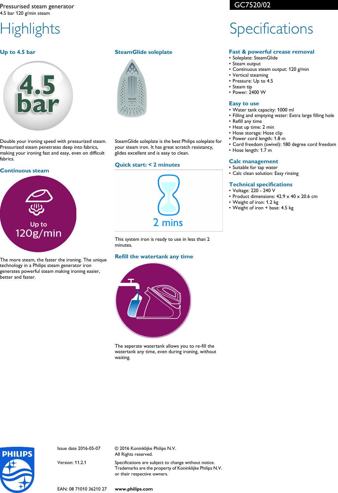 Page 2 of 2 - Philips GC7520/02 Pressurised Steam Generator Leaflet Gc7520 02 Pss Engau