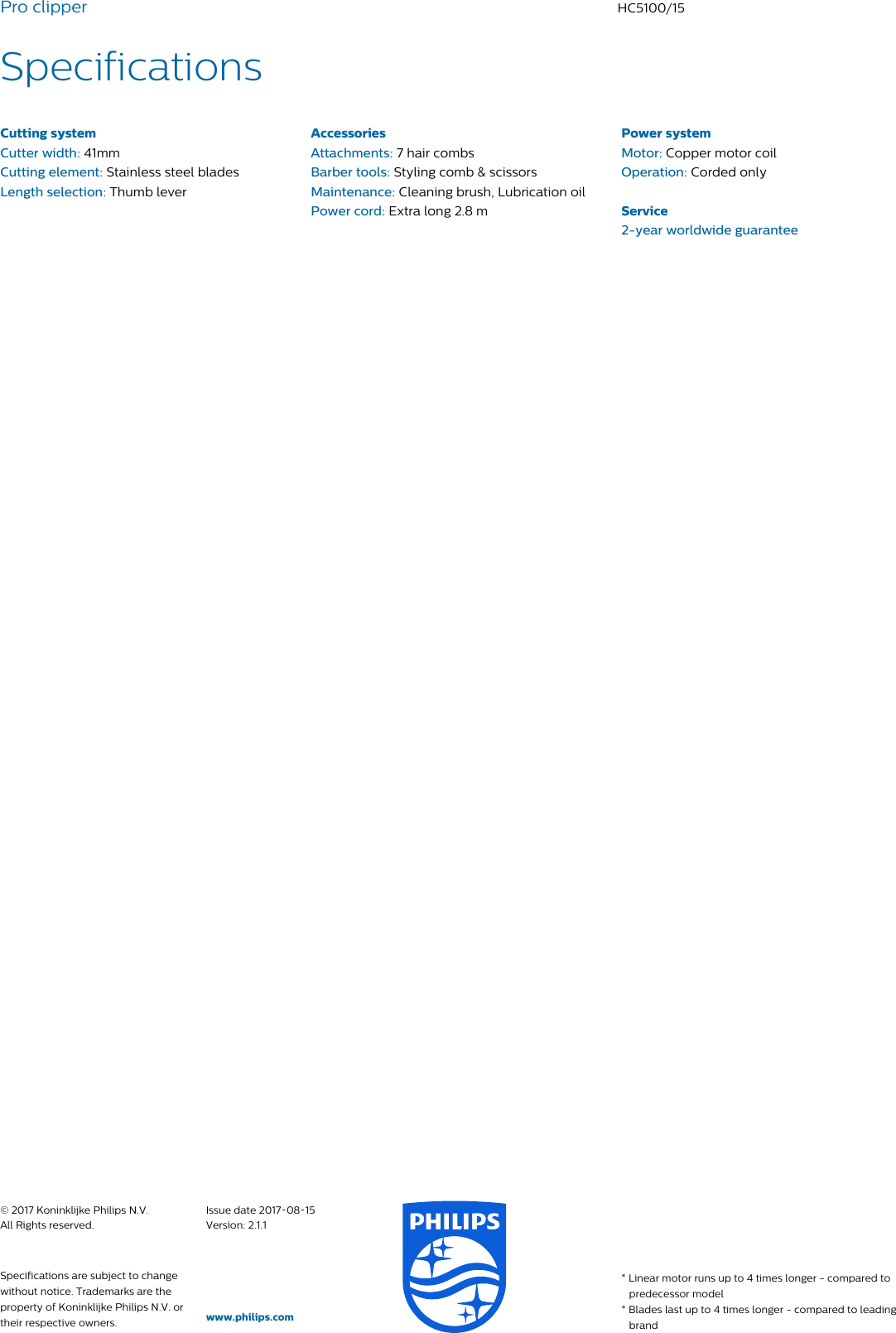 Page 3 of 3 - Philips HC5100/15 Pro Clipper Leaflet Hc5100 15 Pss