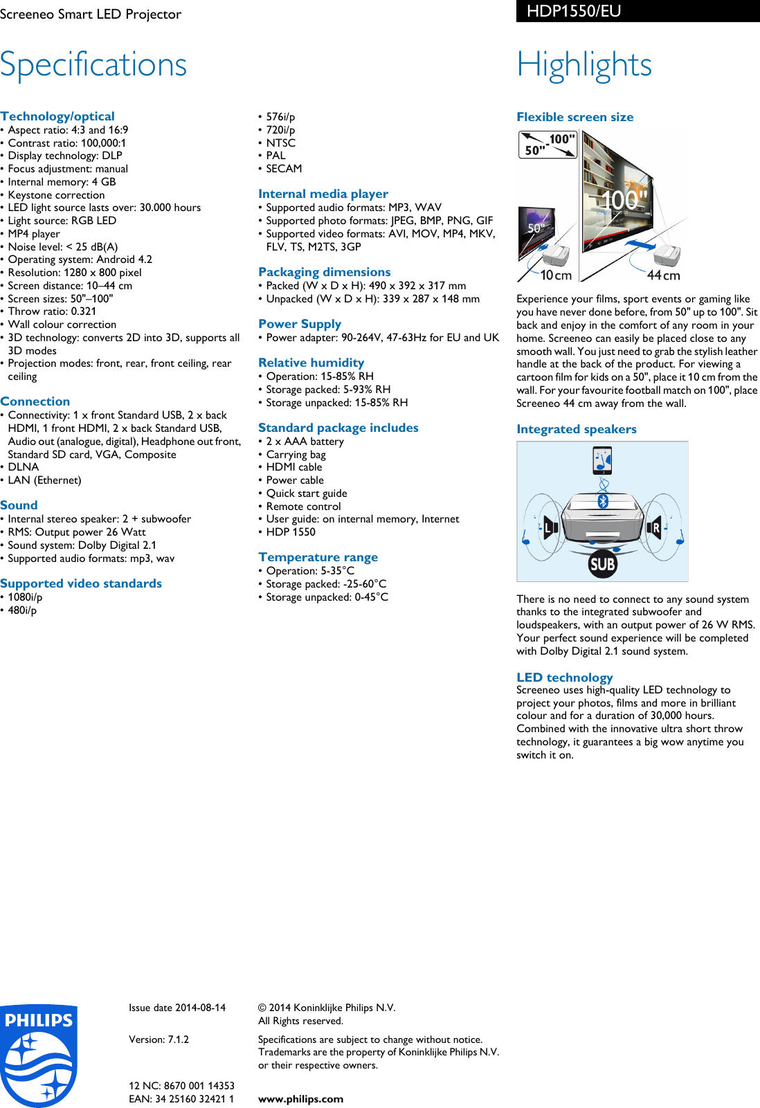 Page 2 of 2 - Philips HDP1550/EU Screeneo Smart LED Projector Hdp1550 Eu Pss Enggb