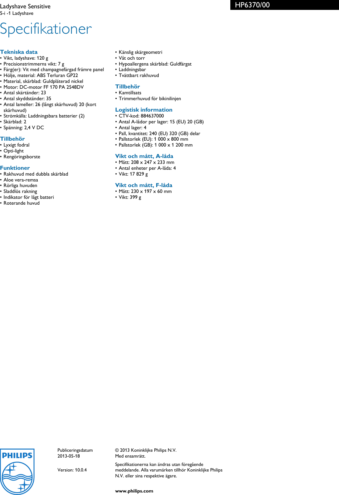 Page 3 of 3 - Philips HP6370/00 Ladyshave Sensitive Hp6370 00 Pss Swefi