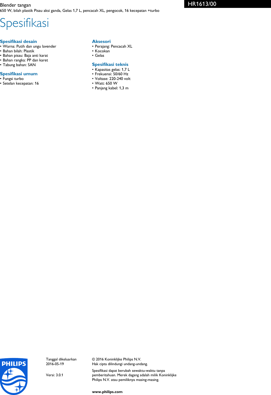 Page 3 of 3 - Philips HR1613/00 Blender Tangan Hr1613 00 Pss Indid