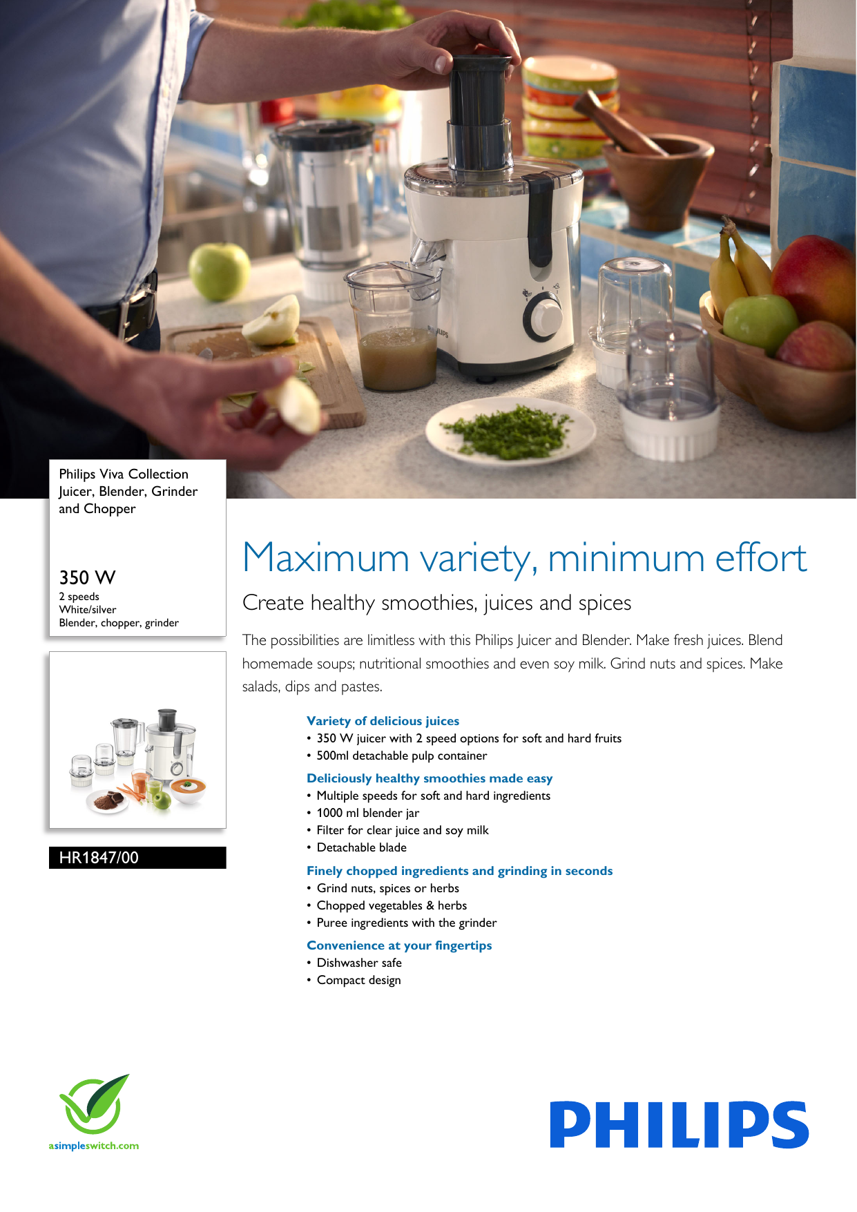 Page 1 of 3 - Philips HR1847/00 Juicer, Blender, Grinder And Chopper Leaflet Hr1847 00 Pss