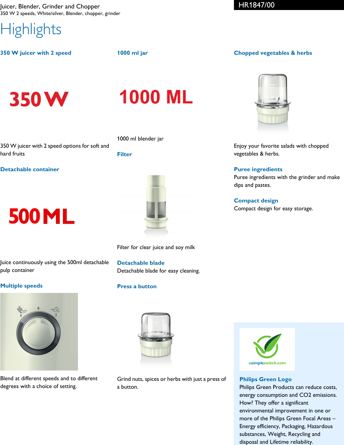 Page 2 of 3 - Philips HR1847/00 Juicer, Blender, Grinder And Chopper Leaflet Hr1847 00 Pss