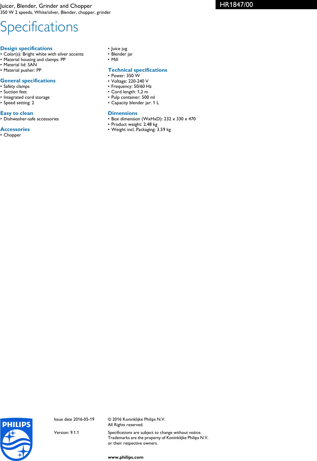 Page 3 of 3 - Philips HR1847/00 Juicer, Blender, Grinder And Chopper Leaflet Hr1847 00 Pss