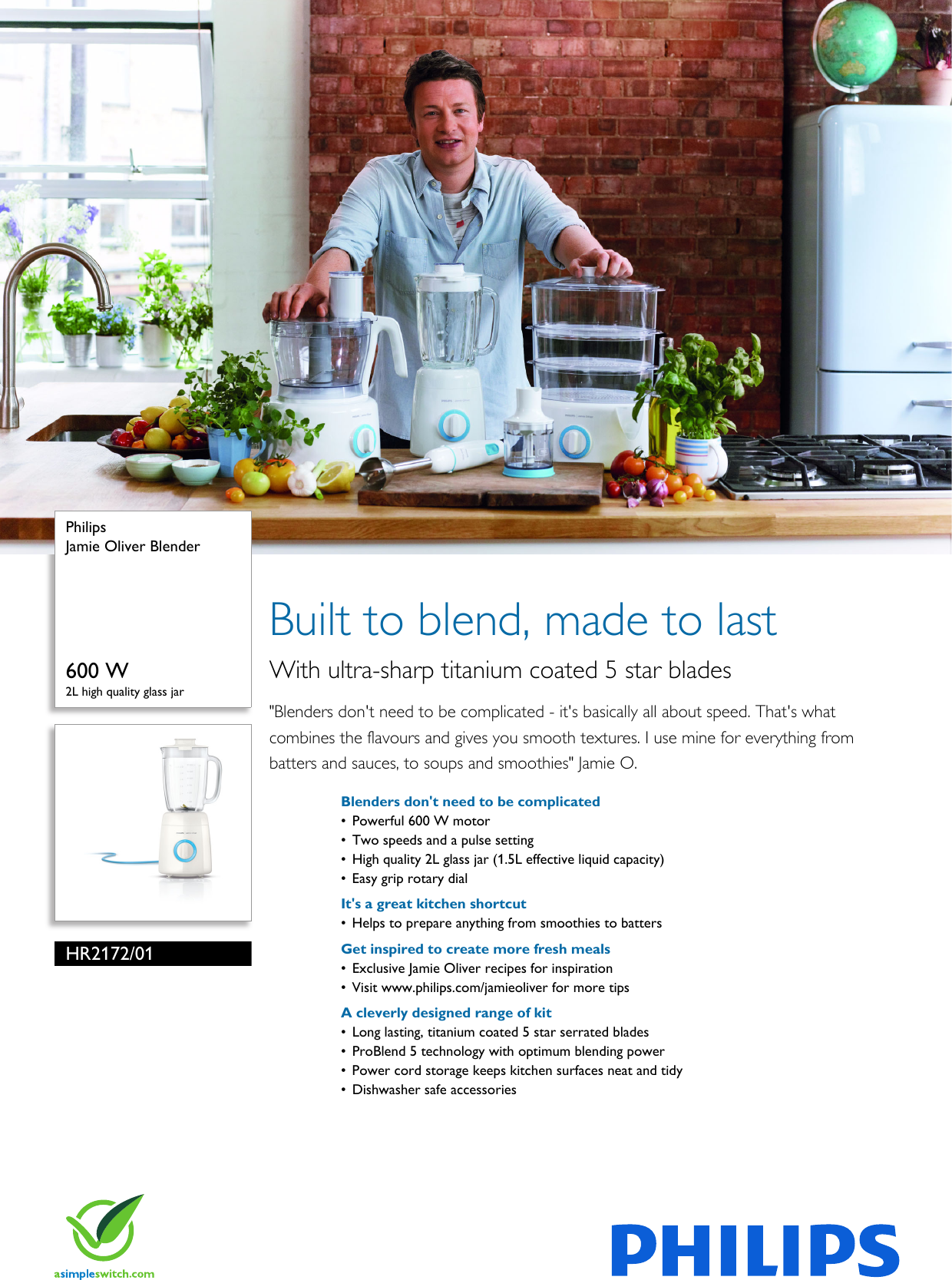 Philips HR2172/01 Jamie Oliver Blender Brochure Hr2172 01 Pss