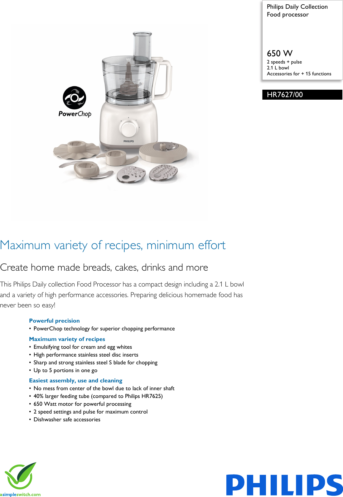 Page 1 of 3 - Philips HR7627/00 Food Processor Hr7627 00 Pss Engph