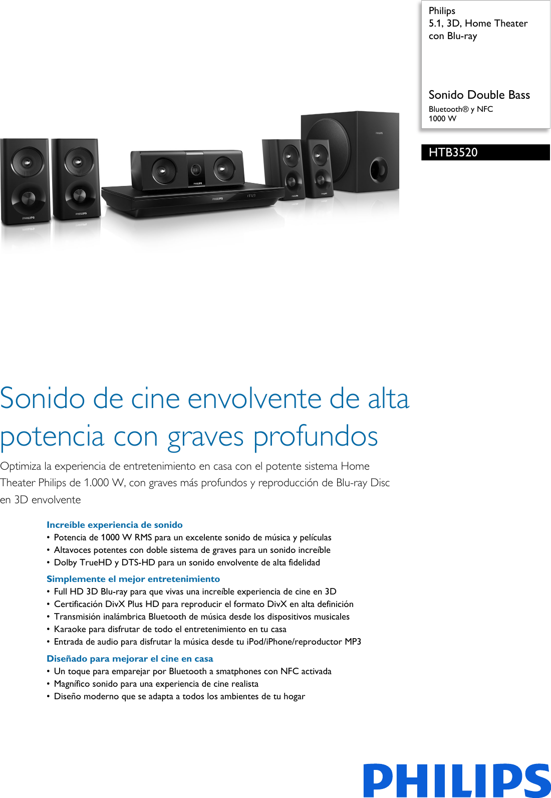 Philips HTB3520/55 5.1, 3D, Home Theater Con Blu ray Htb3520 55 Pss Lspcl