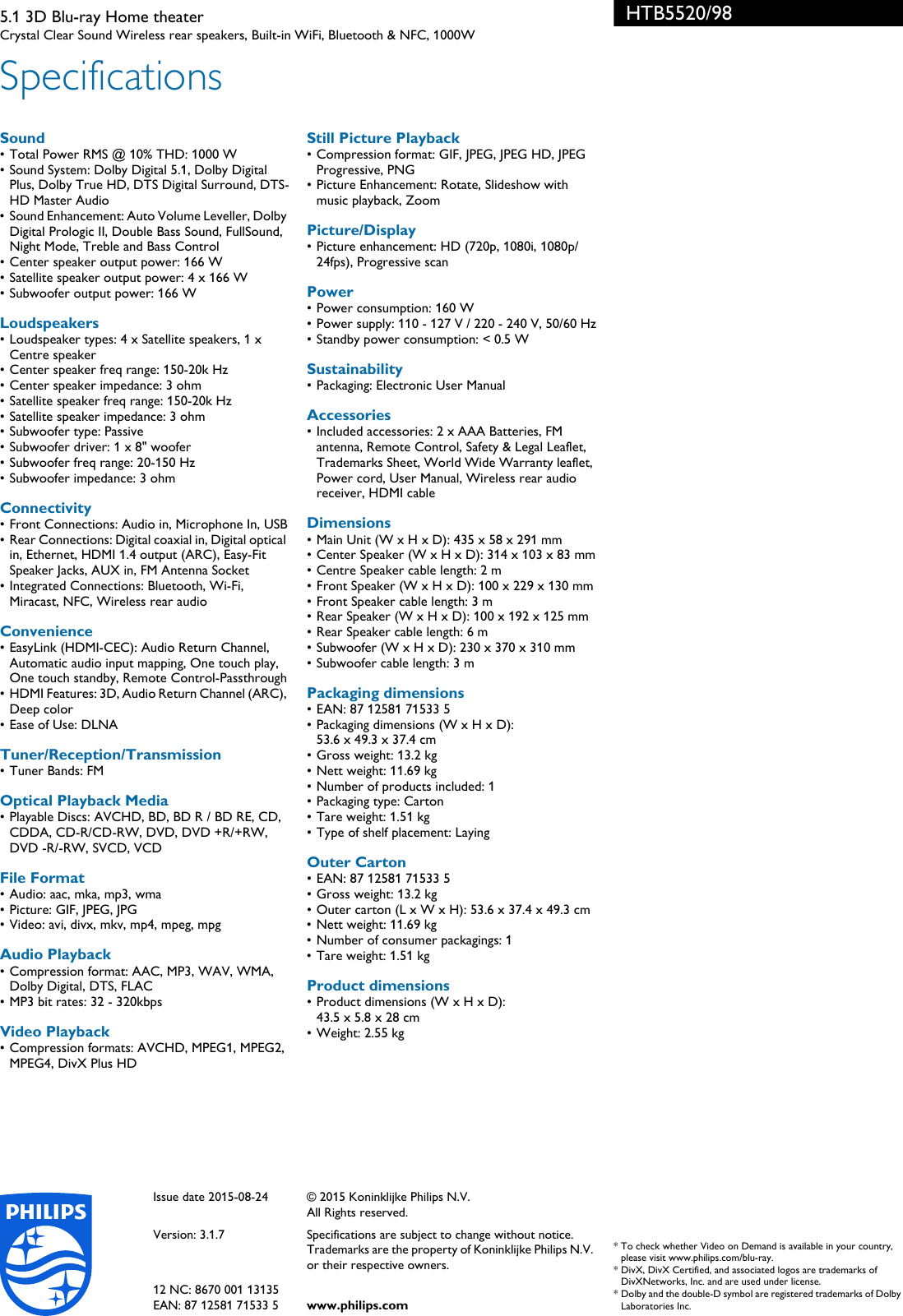 Page 3 of 3 - Philips HTB5520/98 5.1 3D Blu-ray Home Theater Leaflet Htb5520 98 Pss Engph