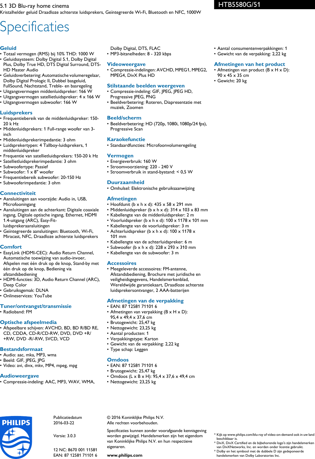 Page 3 of 3 - Philips HTB5580G/51 5.1 3D Blu-ray Home Cinema Htb5580g 51 Pss Nldbe