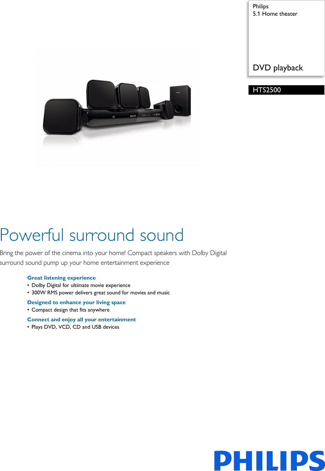 Page 1 of 2 - Philips HTS2500/98 5.1 Home Theater Leaflet Hts2500 98 Pss