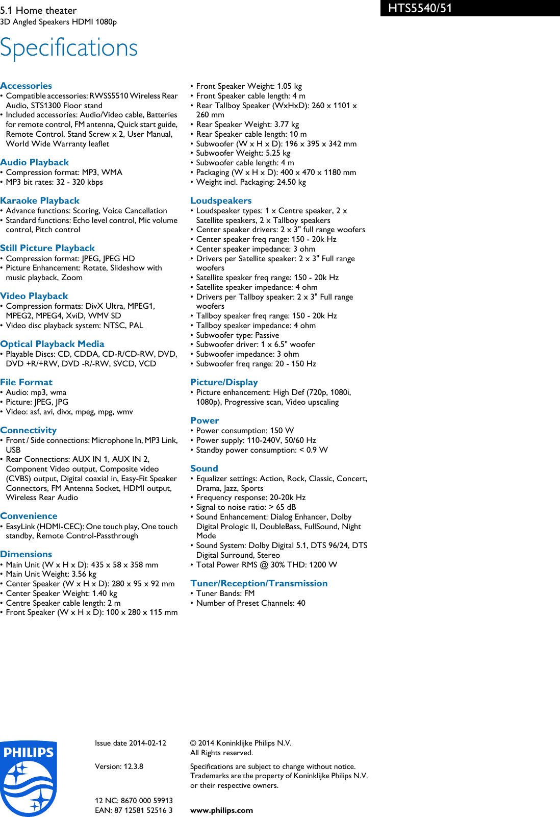 Page 3 of 3 - Philips HTS5540/51 5.1 Home Theater Leaflet Hts5540 51 Pss