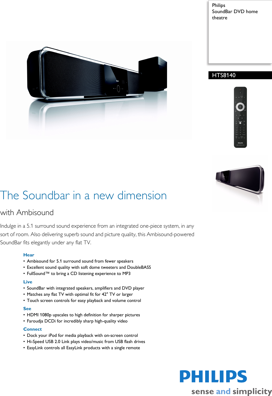 Page 1 of 3 - Philips HTS8140/75 SoundBar DVD Home Theatre Leaflet Hts8140 75 Pss Engnz