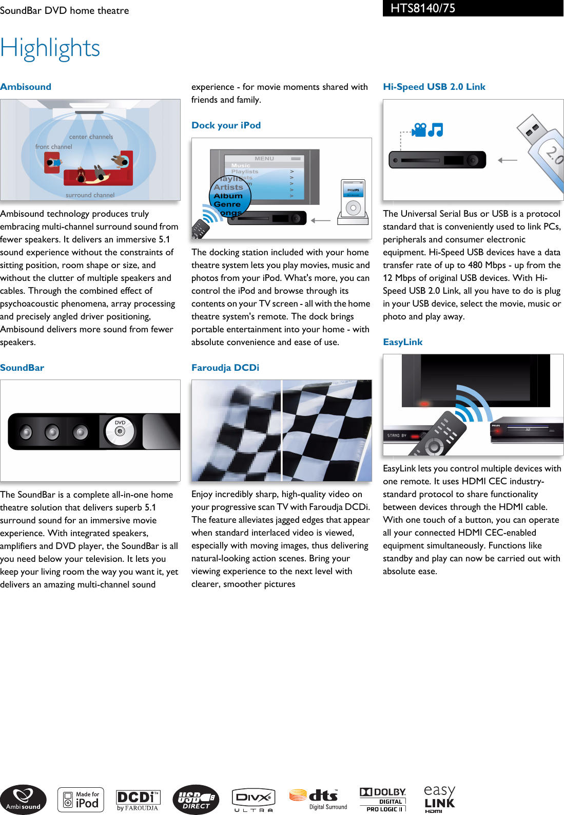 Page 2 of 3 - Philips HTS8140/75 SoundBar DVD Home Theatre Leaflet Hts8140 75 Pss Engnz
