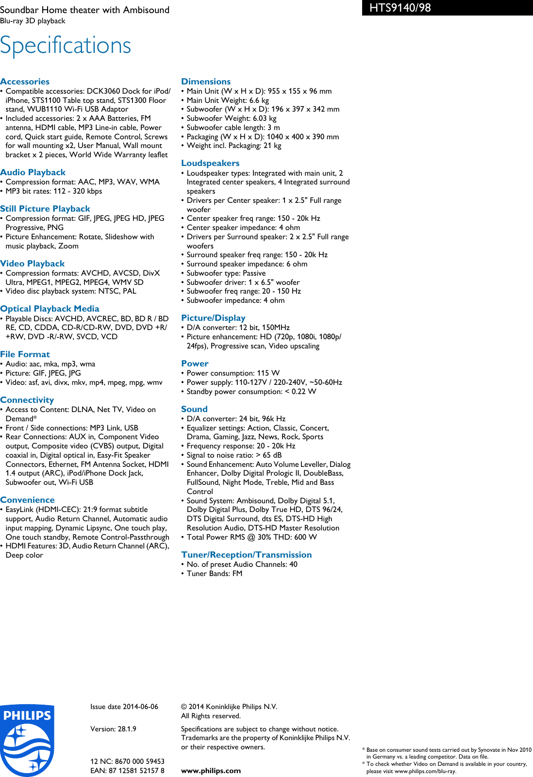 Page 3 of 3 - Philips HTS9140/98 Soundbar Home Theater With Ambisound Leaflet Hts9140 98 Pss