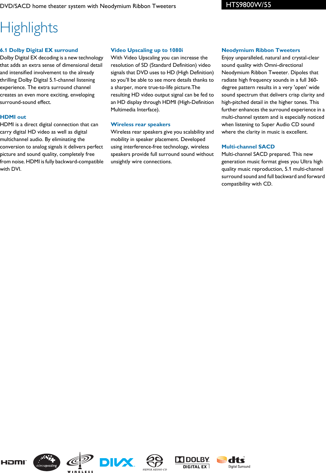 Page 2 of 3 - Philips HTS9800W/55 DVD/SACD Home Theater System With Neodymium Ribbon Tweeters Leaflet Hts9800w 55 Pss