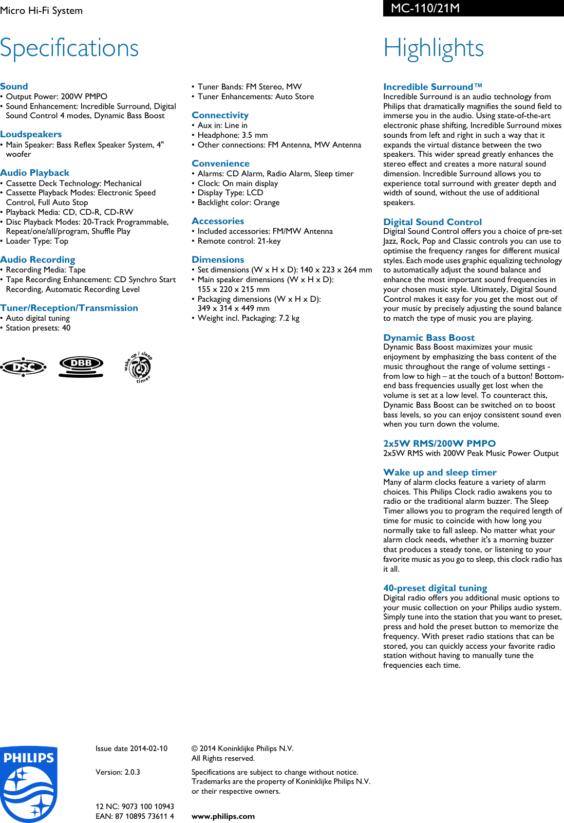 Page 2 of 2 - Philips MC-110/21M Micro Hi-Fi System แผ่นปลิว Mc-110 21m Pss