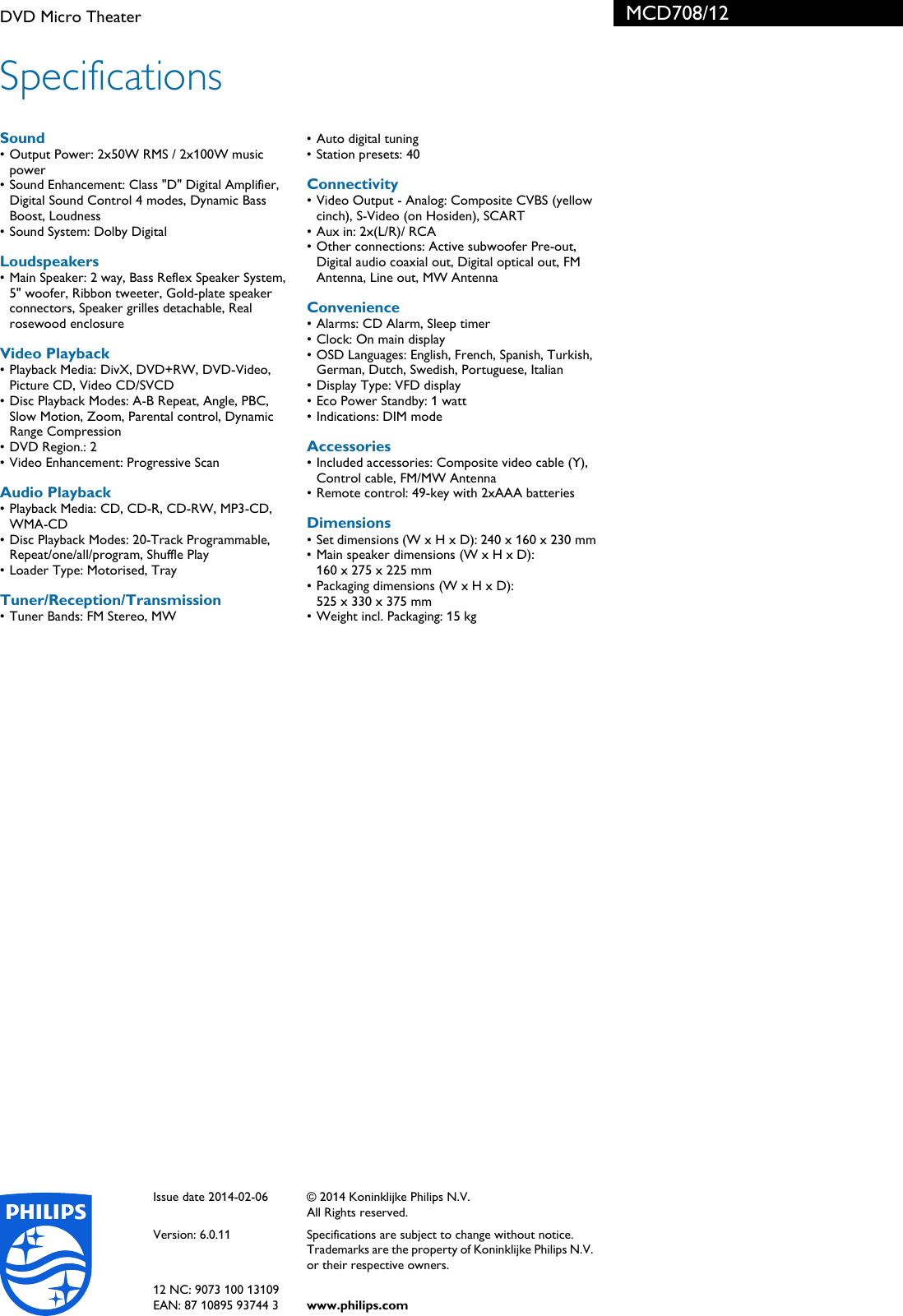 Page 3 of 3 - Philips MCD708/12 DVD Micro Theater Leaflet Mcd708 12 Pss