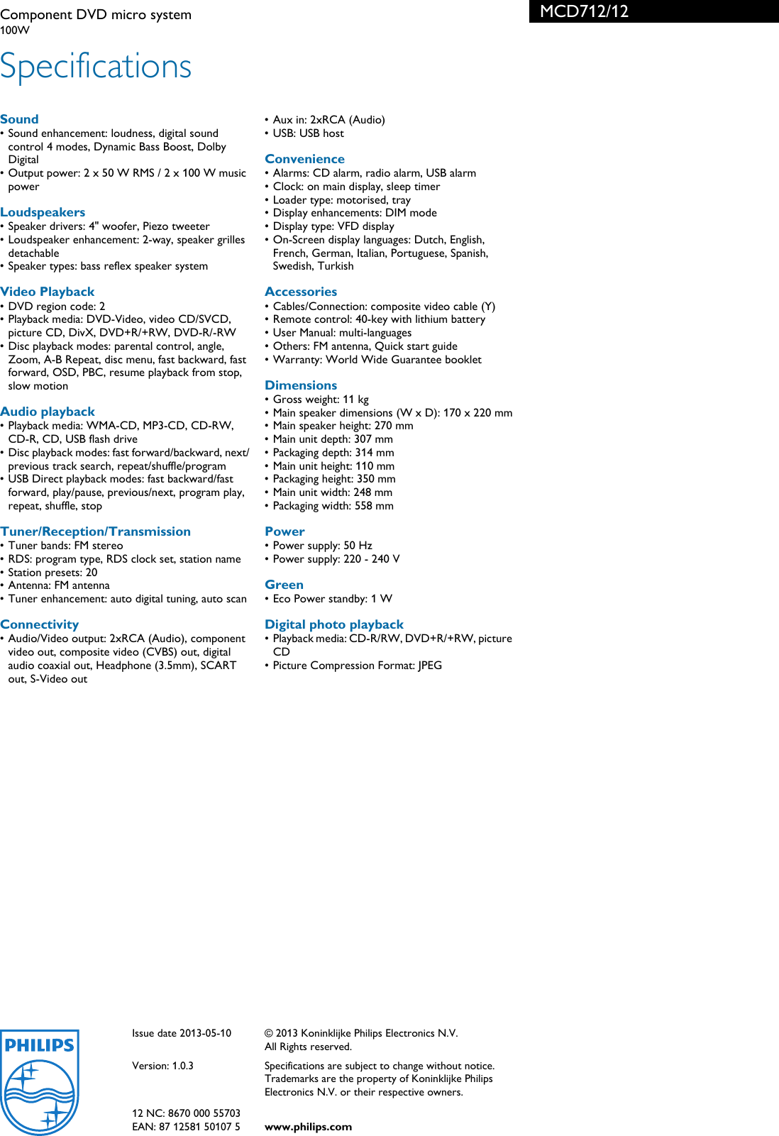 Page 3 of 3 - Philips MCD712/12 Component DVD Micro System Mcd712 12 Pss Aenbe