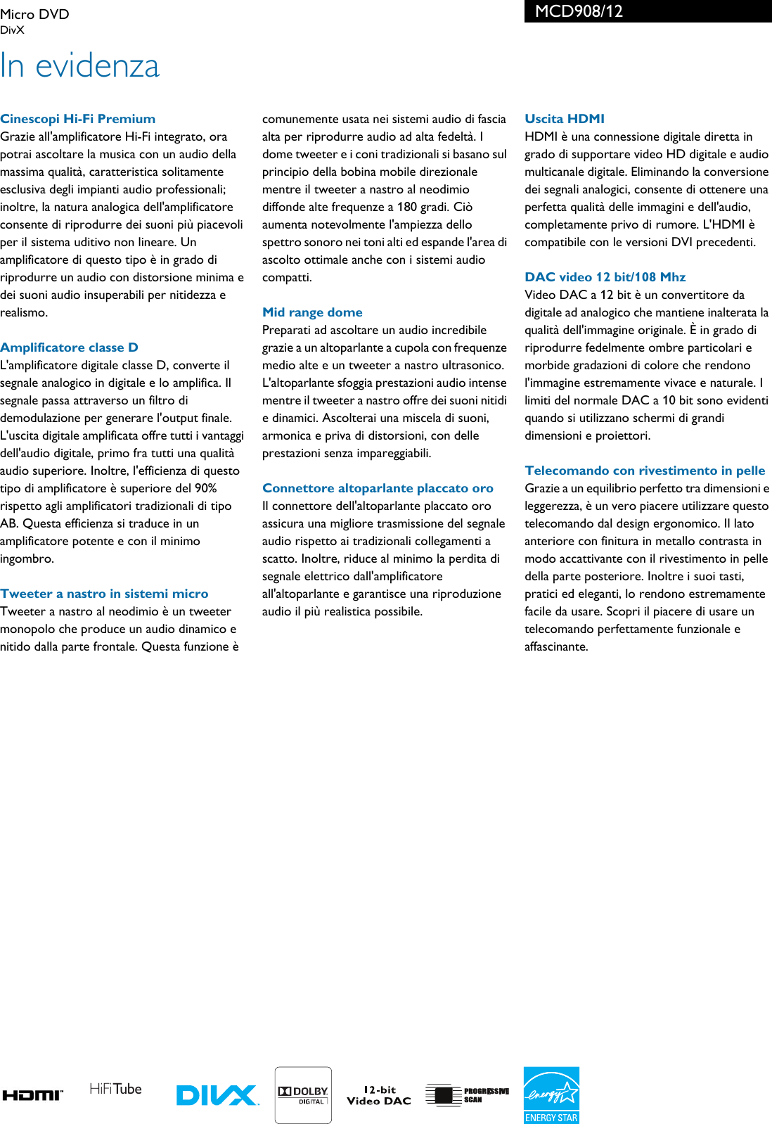 Page 2 of 3 - Philips MCD908/12 Micro DVD Scheda Tecnica Mcd908 12 Pss Itait