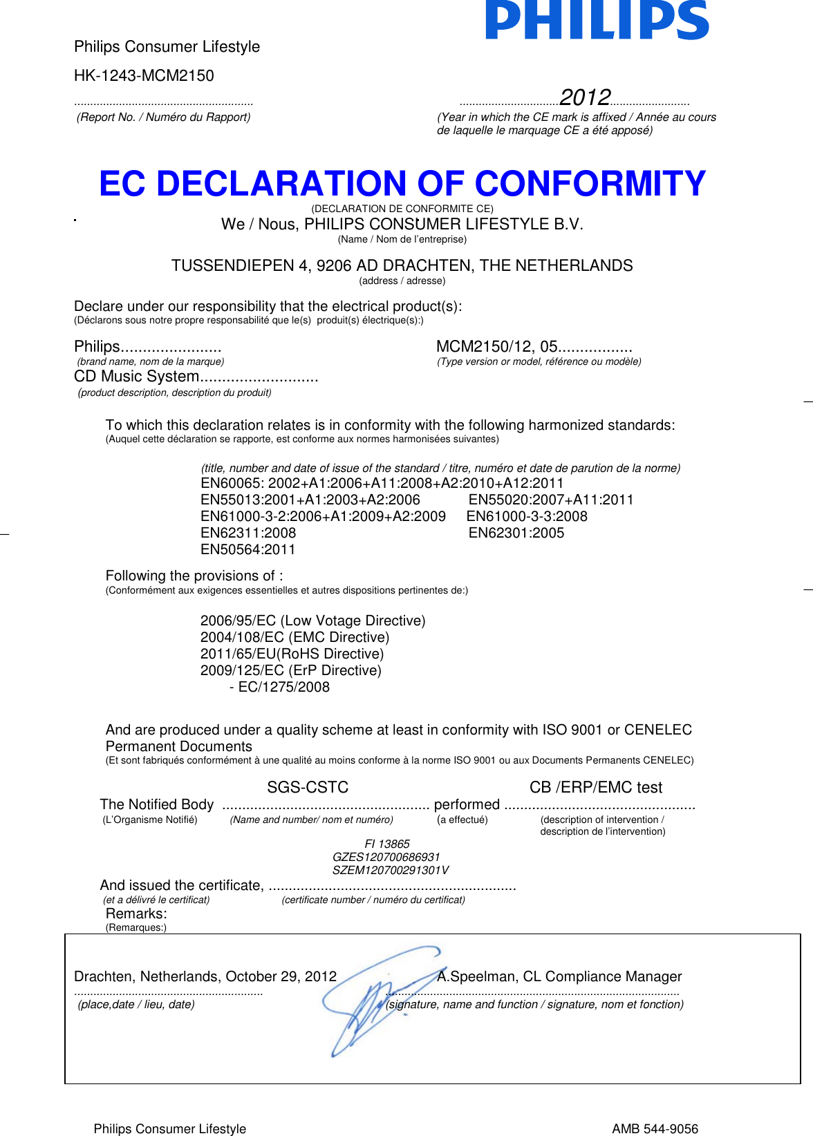 Philips Declaration Of Conformity Mcm2150 12 Doc Aen