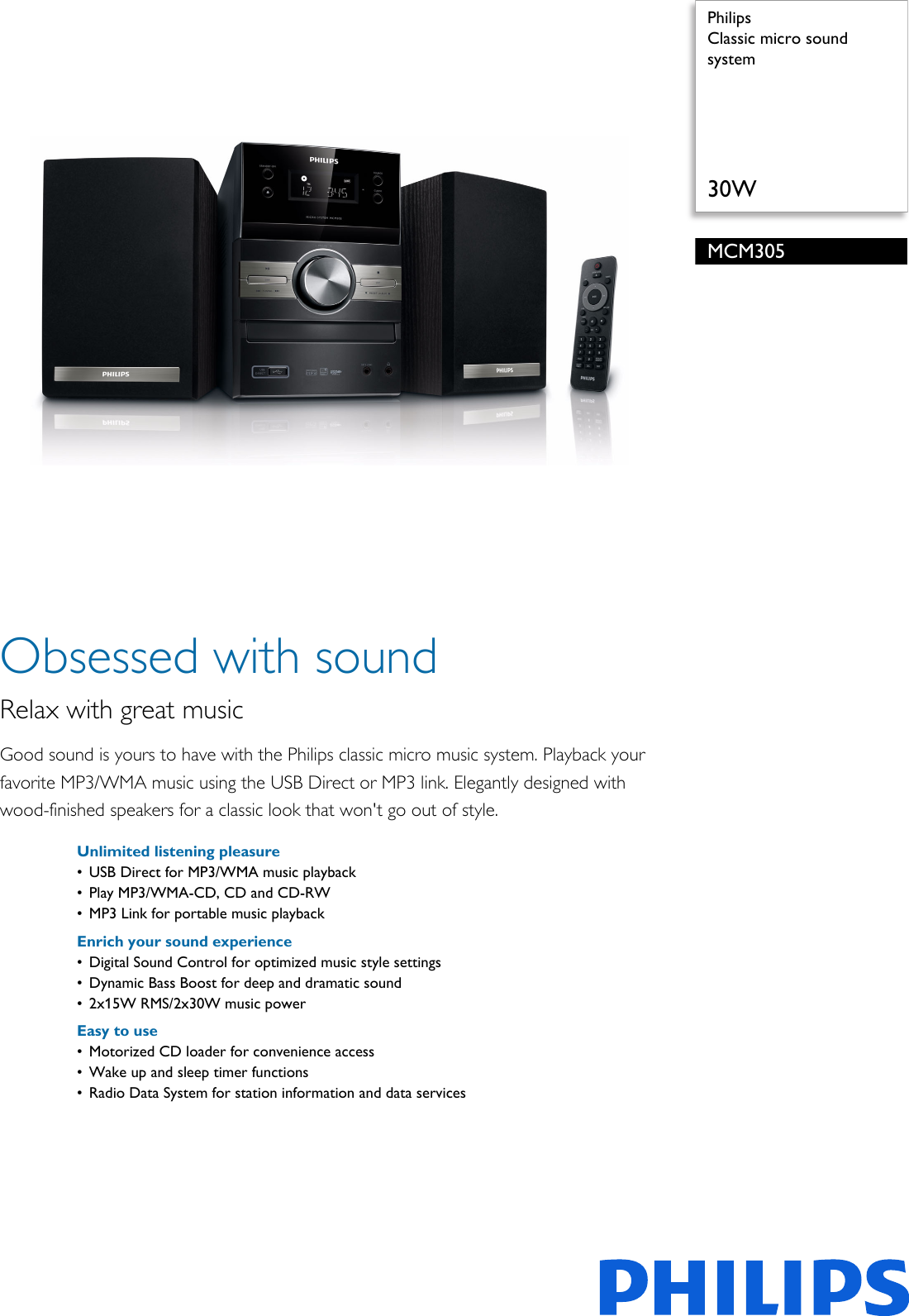 Page 1 of 3 - Philips MCM305/12 Classic Micro Sound System Leaflet Mcm305 12 Pss
