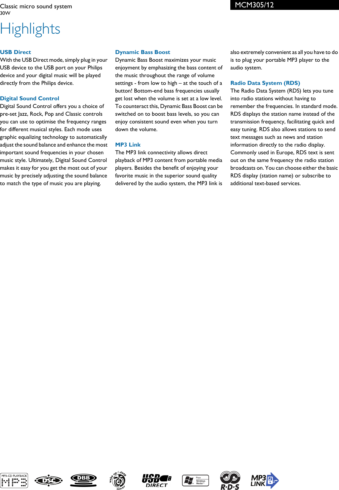 Page 2 of 3 - Philips MCM305/12 Classic Micro Sound System Leaflet Mcm305 12 Pss