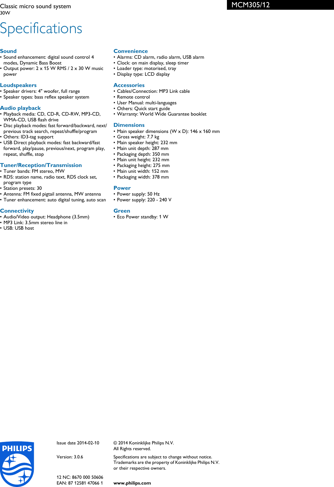Page 3 of 3 - Philips MCM305/12 Classic Micro Sound System Leaflet Mcm305 12 Pss