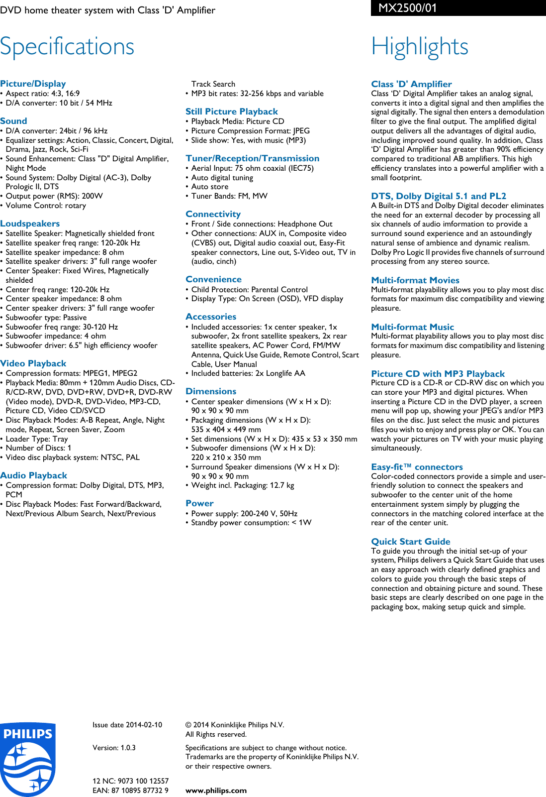 Page 2 of 2 - Philips MX2500/01 DVD Home Theater System With Class 'D' Amplifier Karta Produktowa Mx2500 01 Pss
