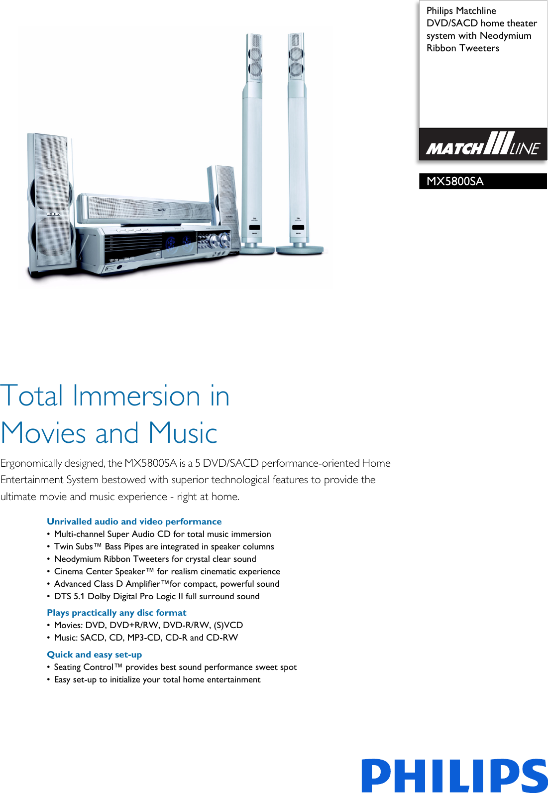 Page 1 of 3 - Philips MX5800SA/22S DVD/SACD Home Theater System With Neodymium Ribbon Tweeters Voldik Mx5800sa 22s Pss