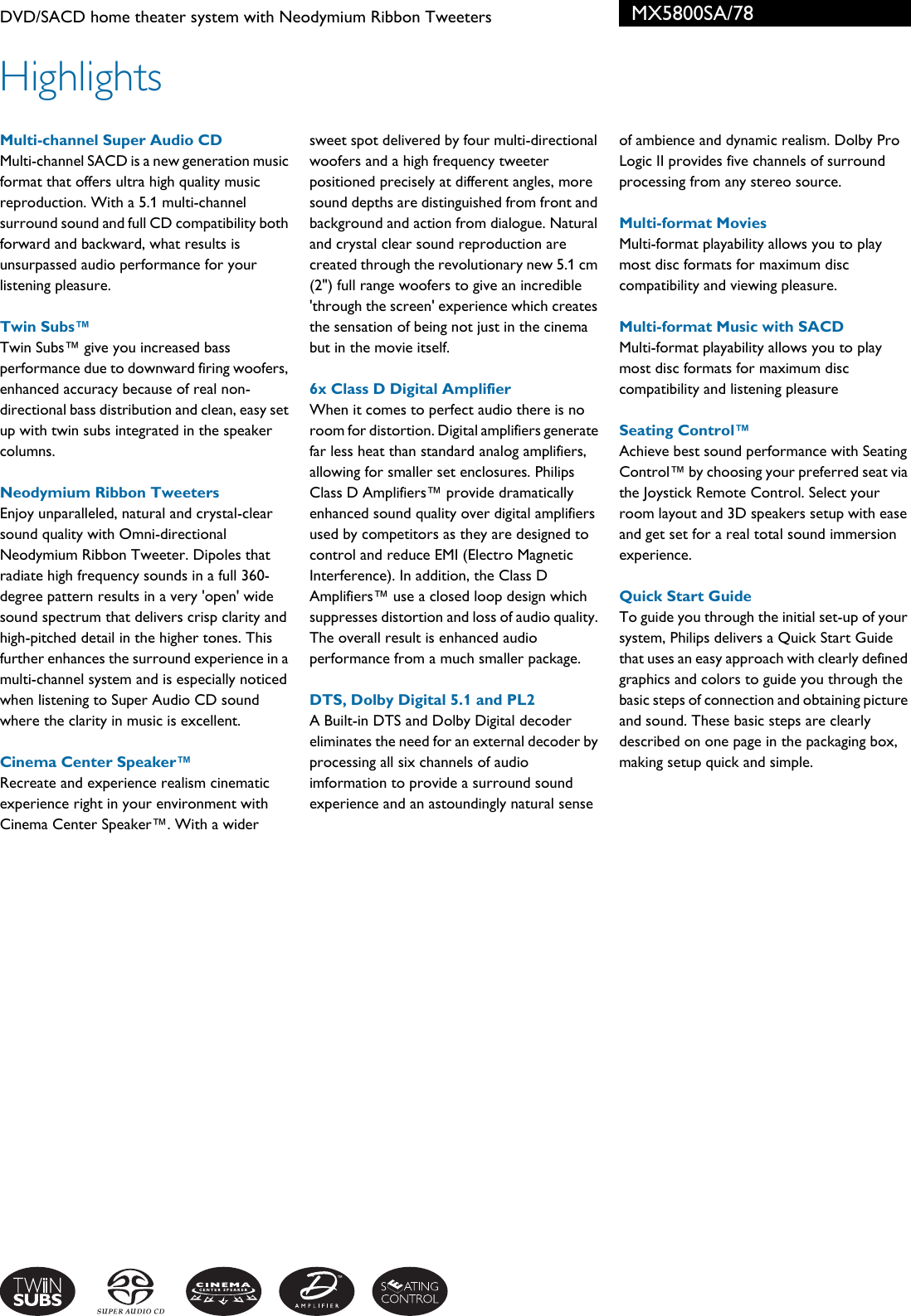 Page 2 of 3 - Philips MX5800SA/78 DVD/SACD Home Theater System With Neodymium Ribbon Tweeters Folheto Mx5800sa 78 Pss