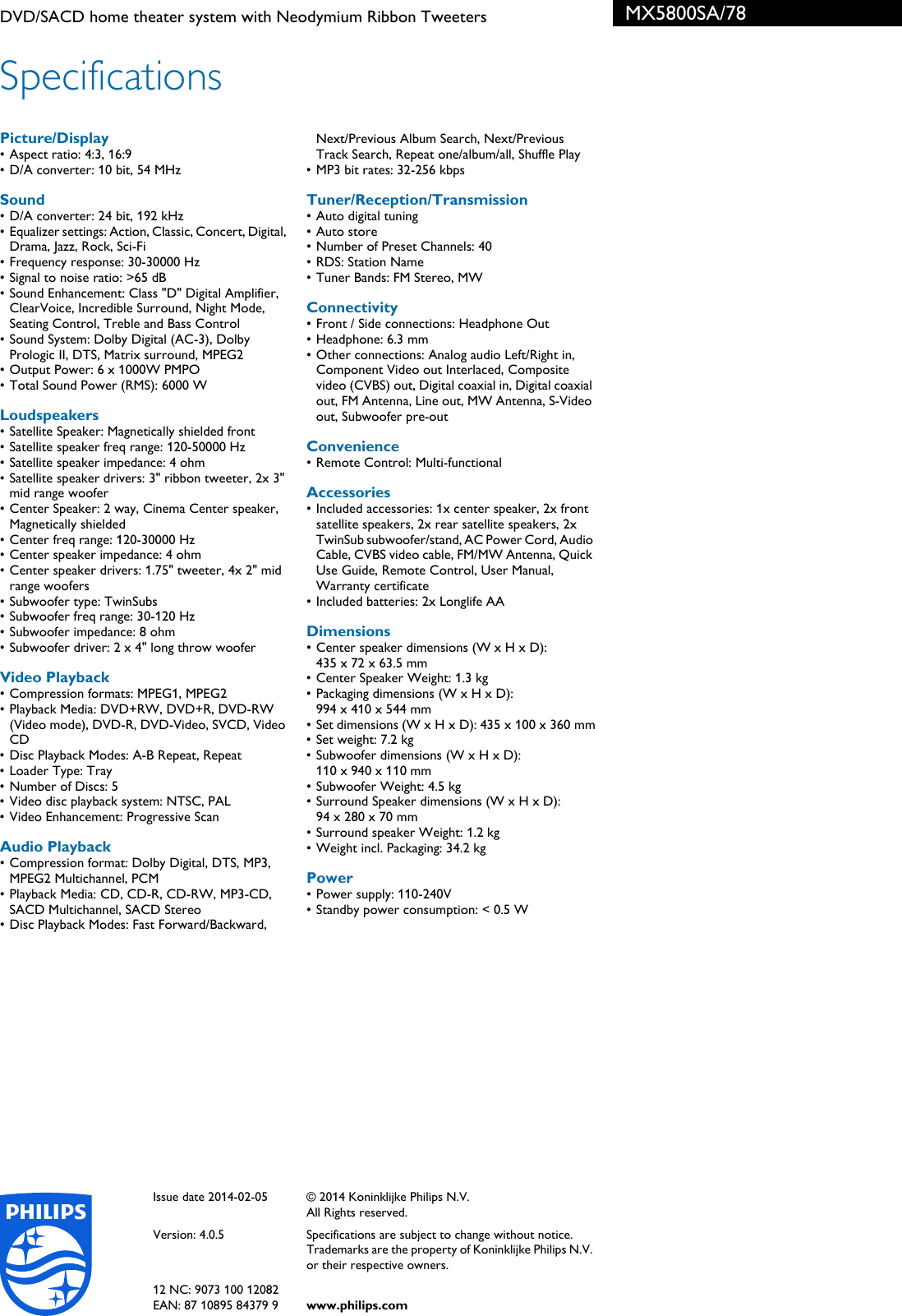 Page 3 of 3 - Philips MX5800SA/78 DVD/SACD Home Theater System With Neodymium Ribbon Tweeters Folheto Mx5800sa 78 Pss