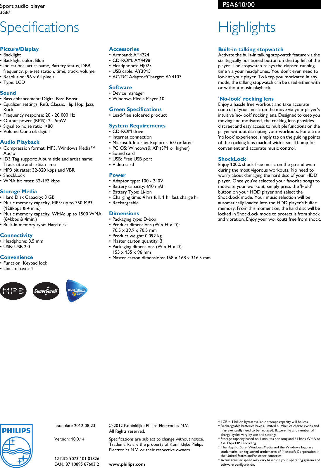 Page 2 of 2 - Philips PSA610/00 Sport Audio Player Psa610 00 Pss Aenbe