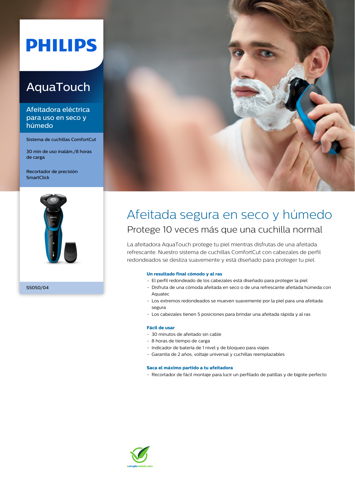 Page 1 of 3 - Philips S5050/04 Afeitadora Eléctrica Para Uso En Seco Y Húmedo Con Aquatec Wet & Dry Folleto S5050 04 Pss Lspco