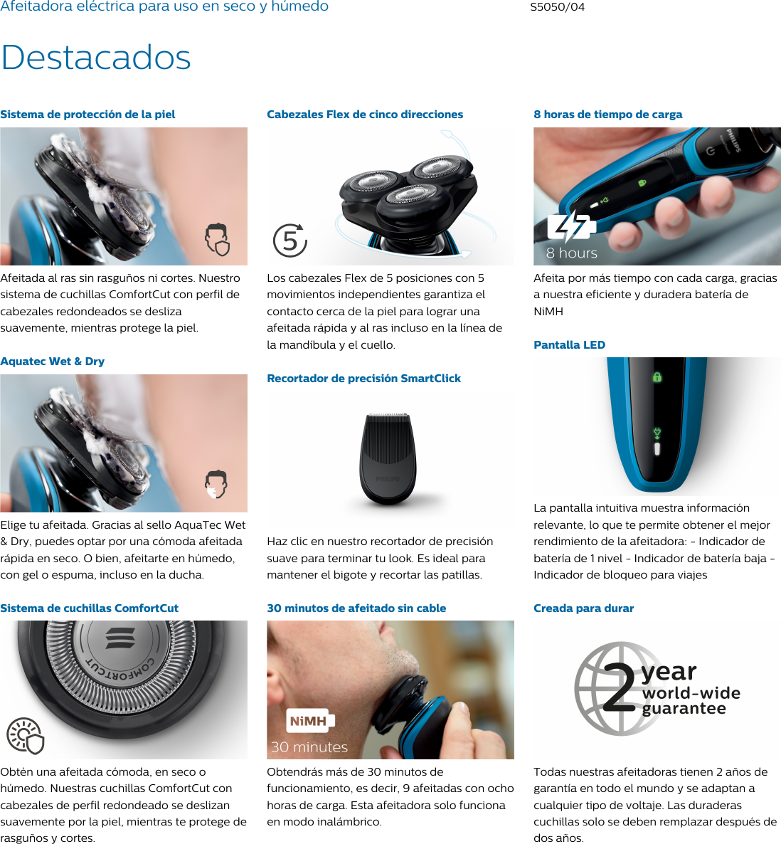 Page 2 of 3 - Philips S5050/04 Afeitadora Eléctrica Para Uso En Seco Y Húmedo Con Aquatec Wet & Dry Folleto S5050 04 Pss Lspco