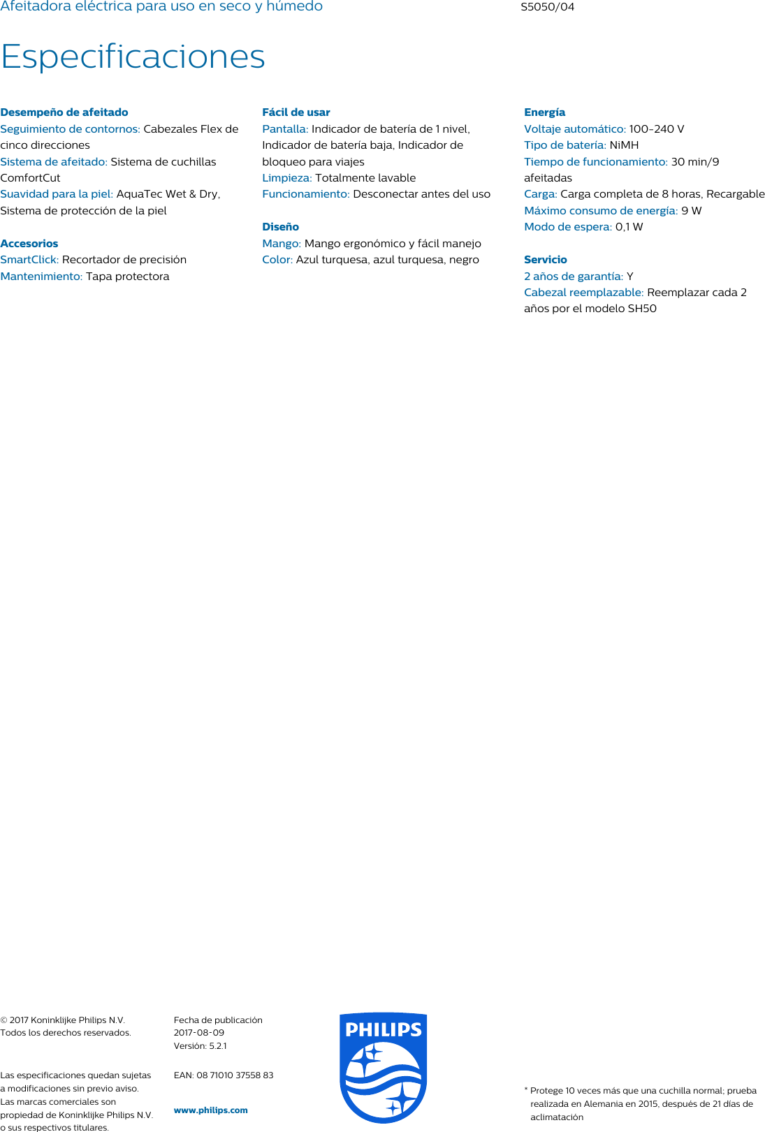 Page 3 of 3 - Philips S5050/04 Afeitadora Eléctrica Para Uso En Seco Y Húmedo Con Aquatec Wet & Dry Folleto S5050 04 Pss Lspco