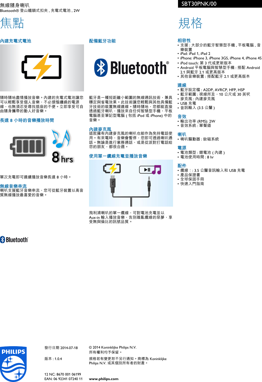 Philips Sbt30pnk 00 無線隨身喇叭c C Ses Eº A A Sbt30pnk 00 Pss Tzhtw